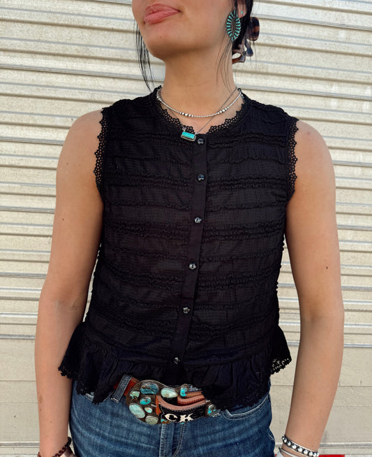 Black Button Ruffle Tank
