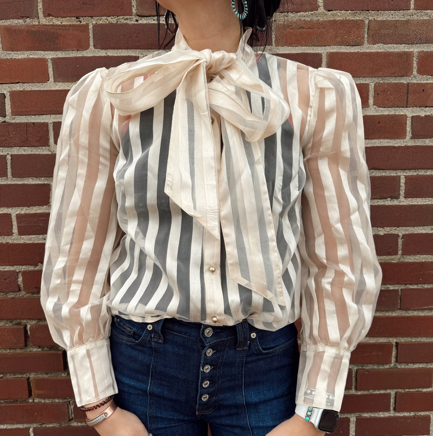 Striped Bow Button Up