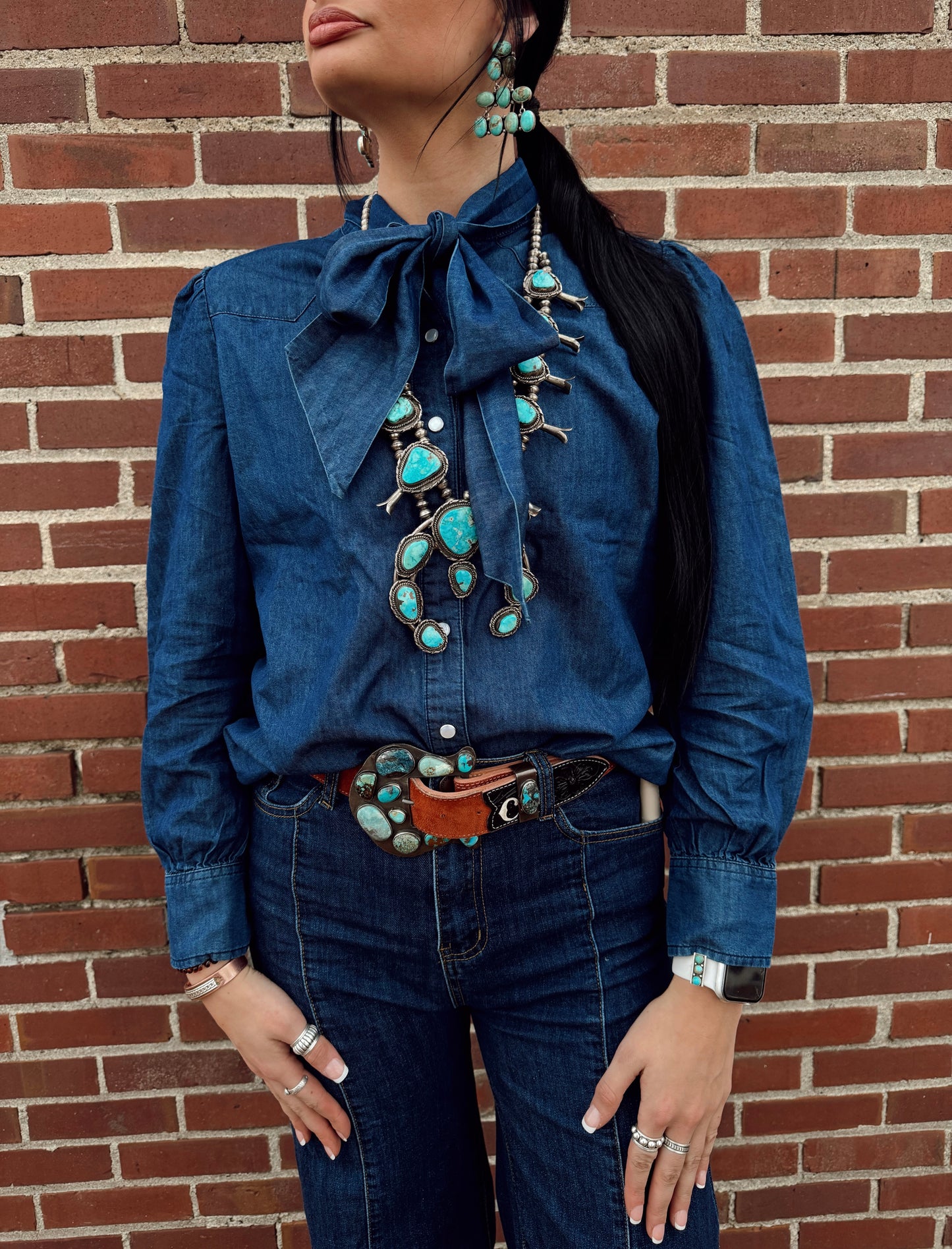 Denim Bow Pearl Snap